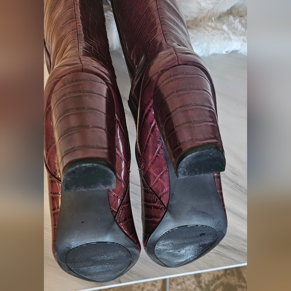 Women's Burgundy Croc-Embossed Knee High Boots - Picture 6 of 10